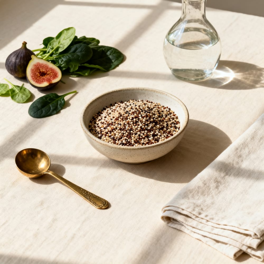 Bowl de quinua, espinaca fresca, higos y una jarra de agua sobre mantel de lino